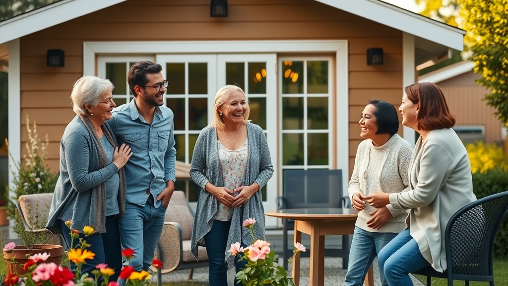 Happy multigenerational family gathering outside a beautifully designed accessory dwelling unit, joyful, in a cozy landscaped backyard.