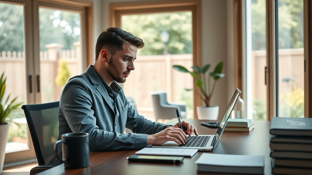 Sleek modern home office set up within an accessory dwelling unit, focused professional working on a laptop, bright and natural ADU environment.