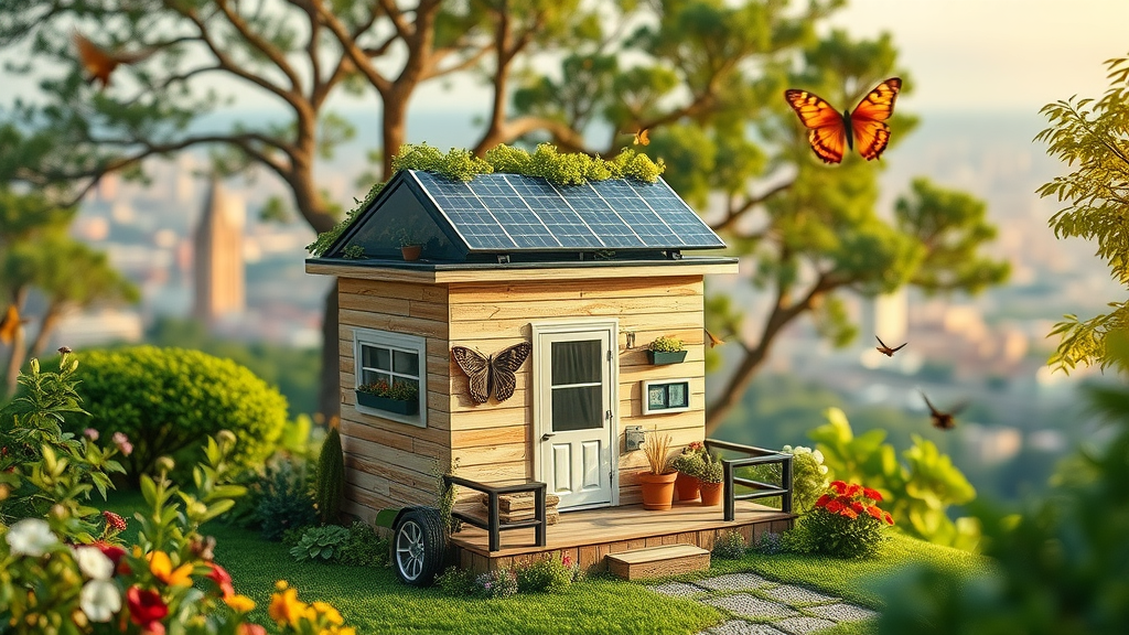 Eco-friendly accessory dwelling unit with solar panels and a green roof, thriving in nature with lush landscaping, birds and butterflies.