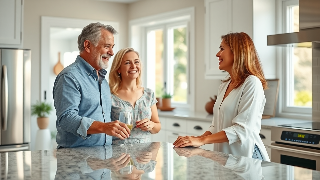 lafayette kitchen countertop options—elegant modern kitchen with granite countertop in Lafayette, LA, joyful homeowners, sunlit with stainless steel appliances