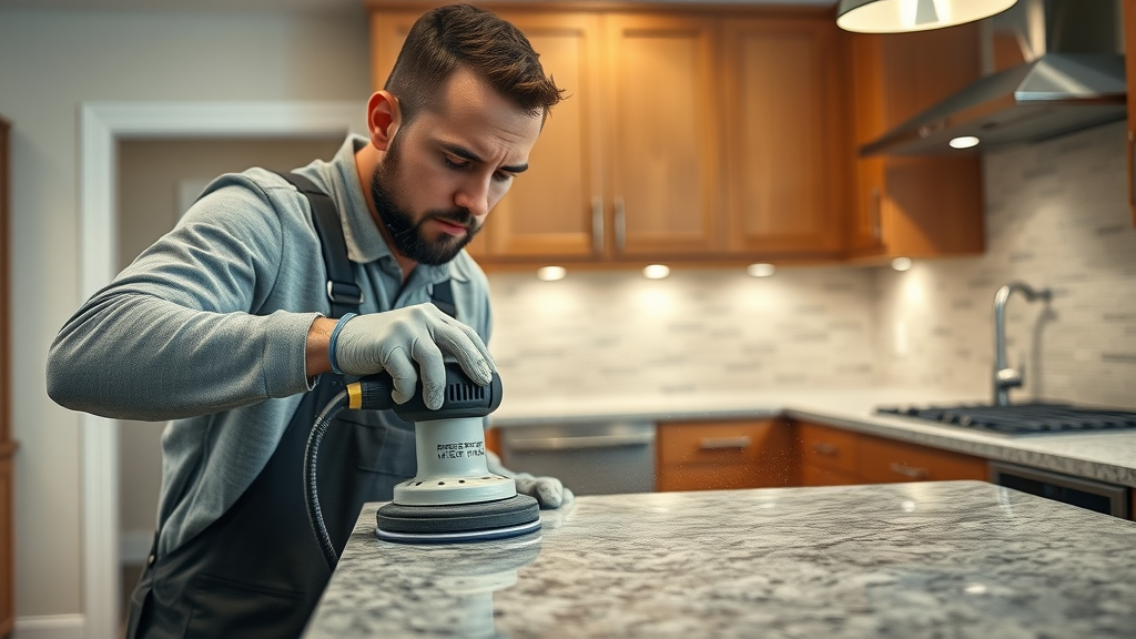 granite countertops in lafayette, la—installer polishing granite countertop slab, modern kitchen design, natural wood cabinetry