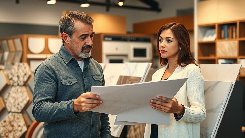 lafayette kitchen countertop options—kitchen countertop material samples, Lafayette couple comparing granite, marble, quartz, and laminate in local showroom