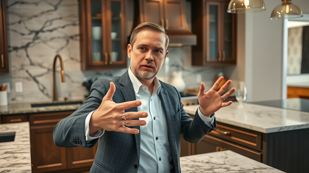 lafayette kitchen countertop options—sophisticated kitchen, countertop types with price tags, real estate agent explaining countertop costs in Lafayette kitchen