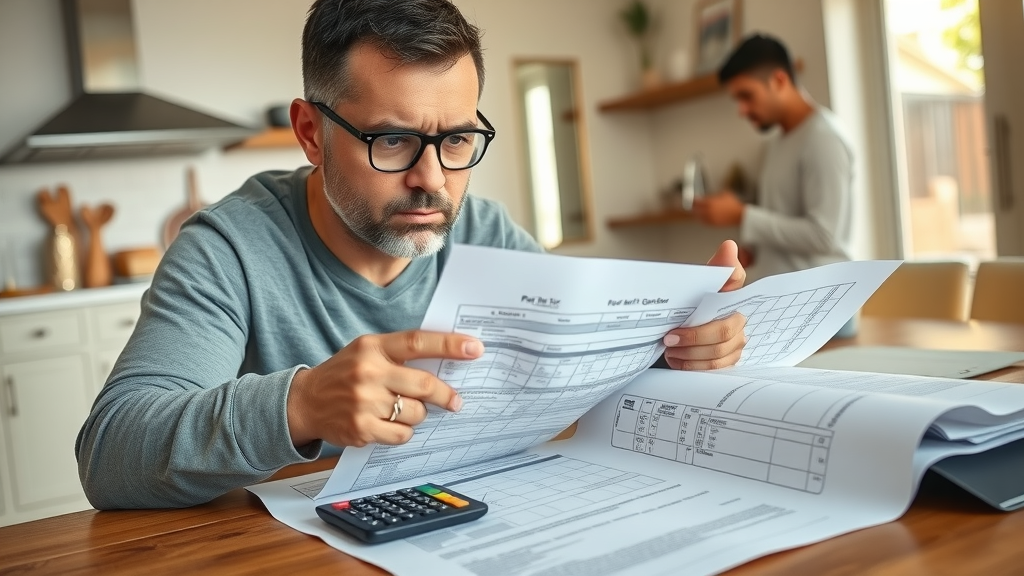Worried homeowner examining ADU permits East Bay paperwork with blueprints and calculator in modern kitchen