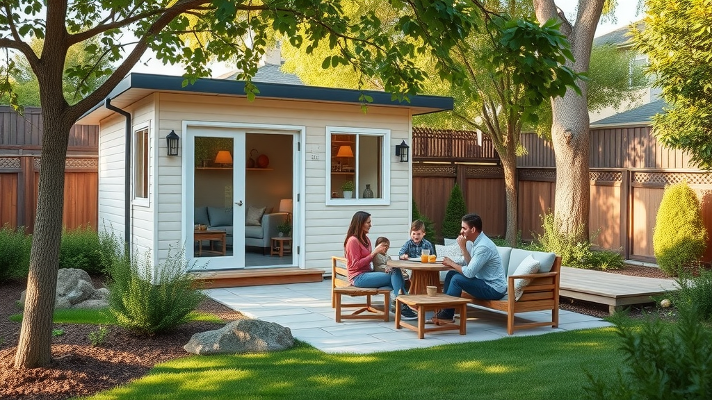 Modern detached accessory dwelling unit in an East Bay backyard, family enjoying coffee on the patio