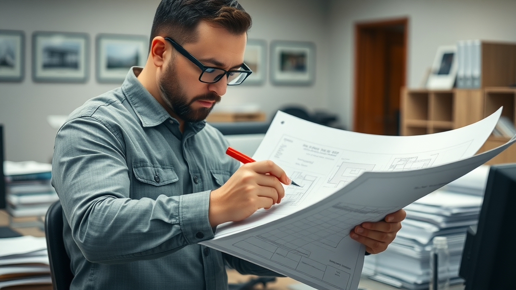 City permit official reviewing accessory dwelling unit blueprints in busy East Bay municipal office