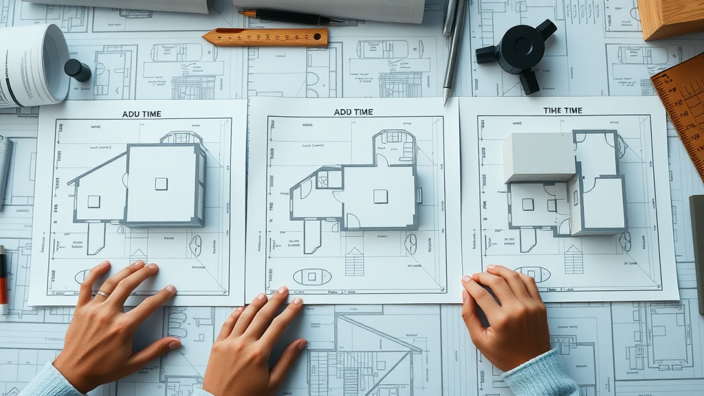 Three different ADU blueprints side by side with cost and timeline comparison in East Bay