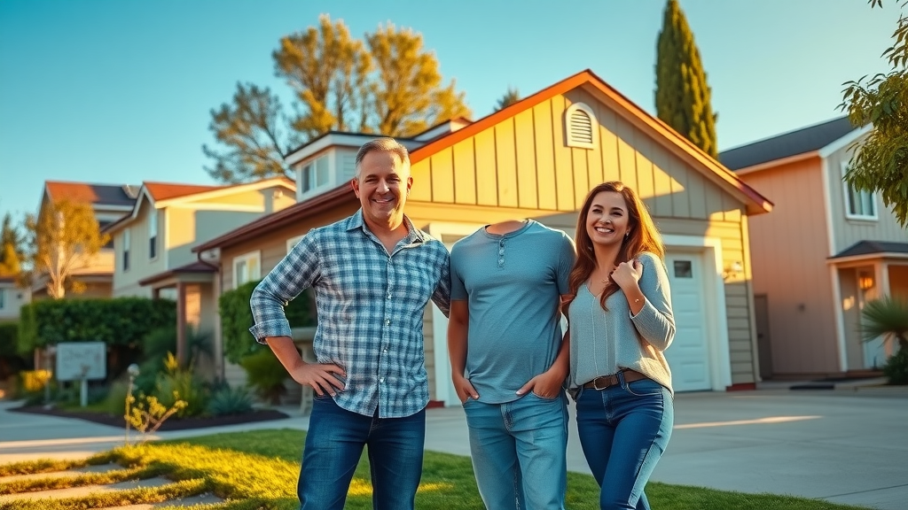 Successful East Bay homeowners and real estate agent celebrating beside newly converted garage ADU