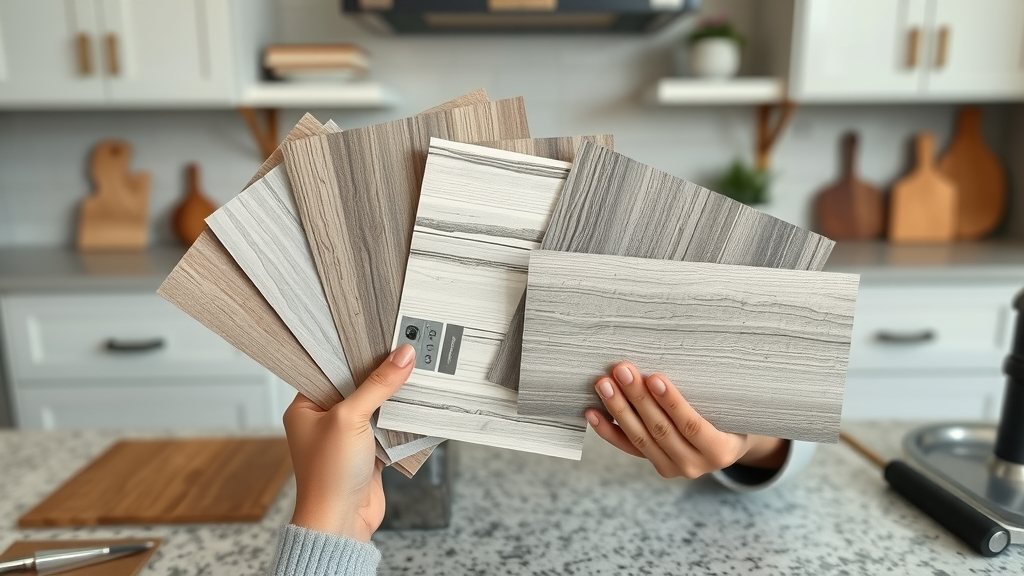 contrasting kitchen flooring samples: luxury vinyl, tile, laminate, vinyl flooring ideas Lafayette