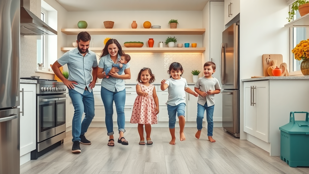 family enjoying easy-to-clean vinyl tile floor in Lafayette kitchen, kitchen flooring ideas Lafayette