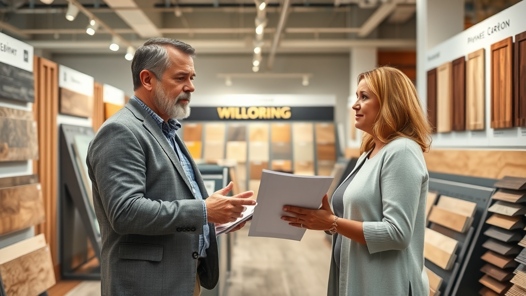 couple consulting with a flooring expert about cabinet and floor samples, kitchen flooring ideas Lafayette