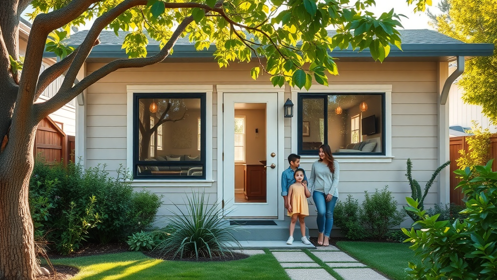 Modern East Bay ADU exterior with attractive landscaping, family smiling near entrance, lush backyard, adu design ideas east bay