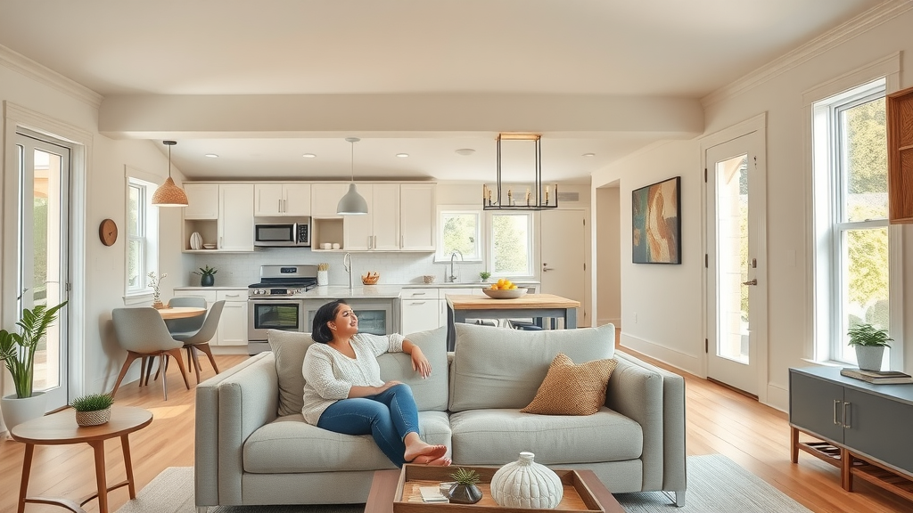 Elegant East Bay ADU interior, airy modern living room with kitchenette, couple relaxing, interior design ideas for east bay adu