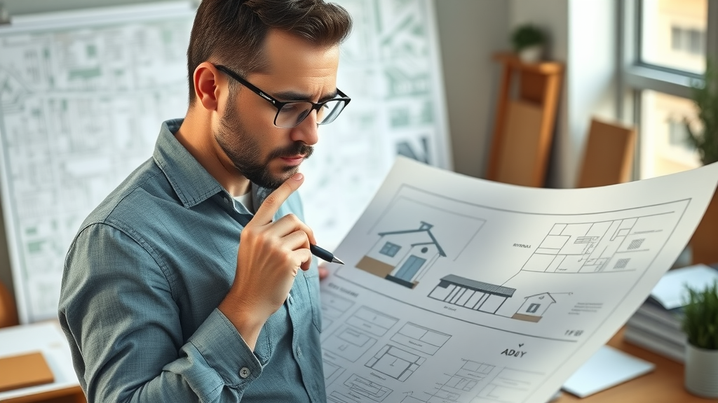 Architect in East Bay reviewing ADU blueprints and city map, building permits discussion for accessory dwelling units