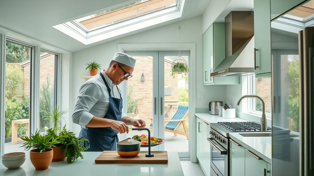 Sleek East Bay ADU kitchen, chef using smart appliances, energy-efficient design, natural light, adu design and build