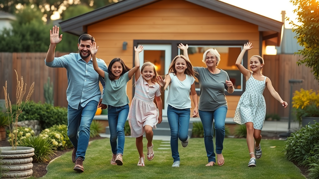Happy East Bay family celebrating outside newly built ADU, backyard gathering, successful accessory dwelling unit project