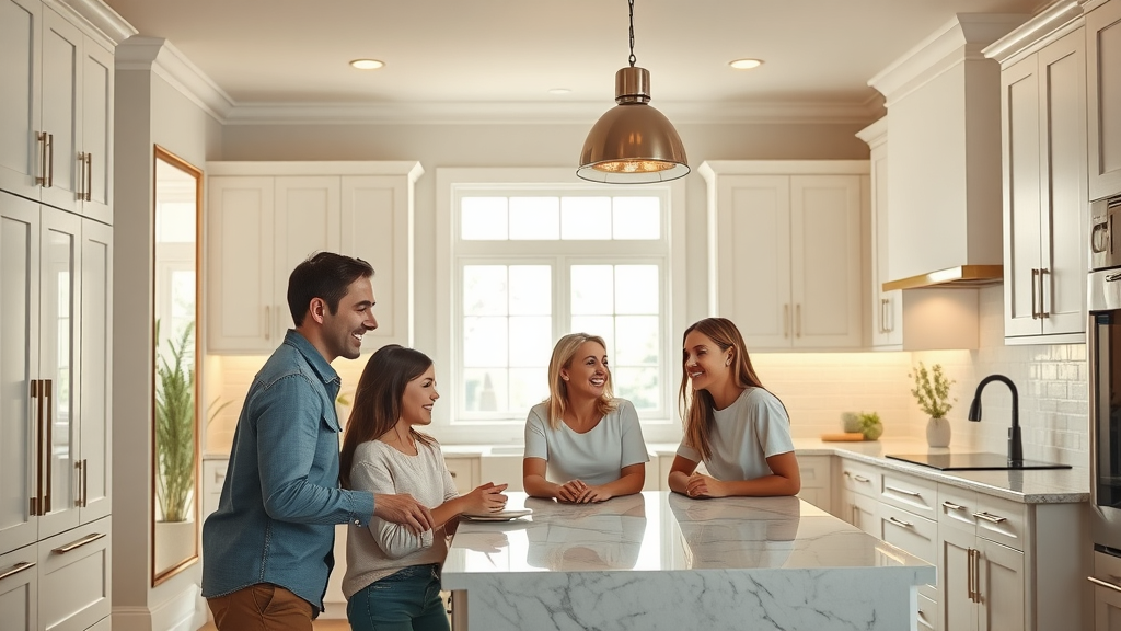 Inviting Lafayette kitchen with pendant lighting, under-cabinet lighting, bright atmosphere, family enjoying their updated luxury home kitchen, led light reflecting off marble surfaces.