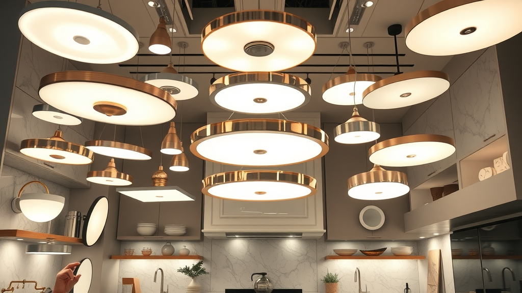 Variety of Lafayette kitchen lighting solutions: LED light fixtures, pendant lighting, cabinet lighting, marble kitchen showroom, elegant and modern.