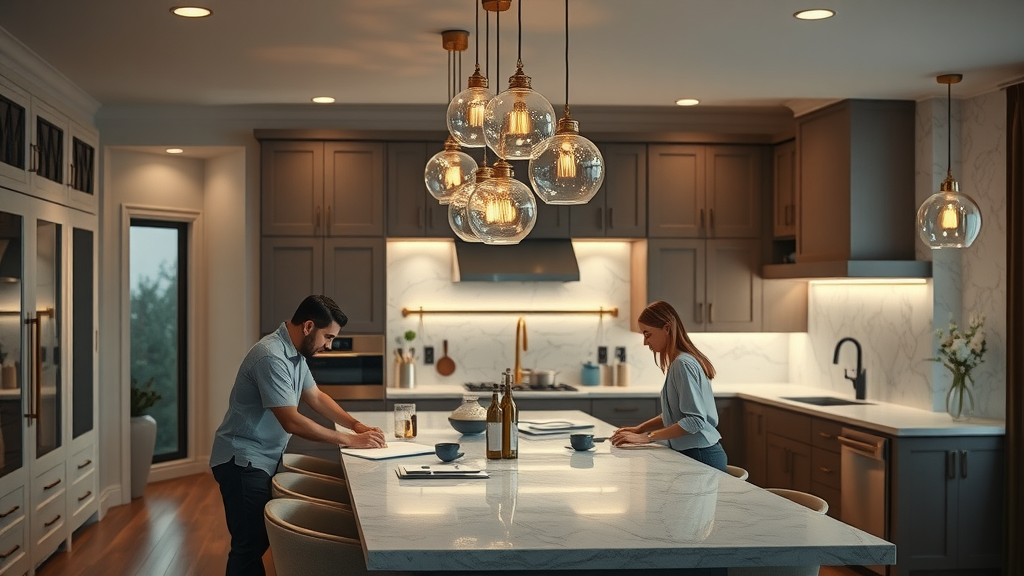 Trendy Lafayette kitchen, globe pendant lighting, elegant design with gold and glass, modern open-concept space, interior designer planning the lighting layout, luxury home fixtures.