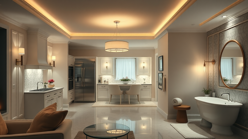 Sophisticated Lafayette luxury home interior, flowing lighting from kitchen to bathroom, cohesive ambient design, wall sconces, pendant lights, and cabinet lighting.