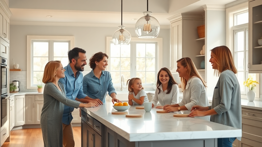 Inviting modern Lafayette kitchen with joyful family gathering, custom cabinetry, marble island, and pastel accents - custom kitchen remodel Lafayette