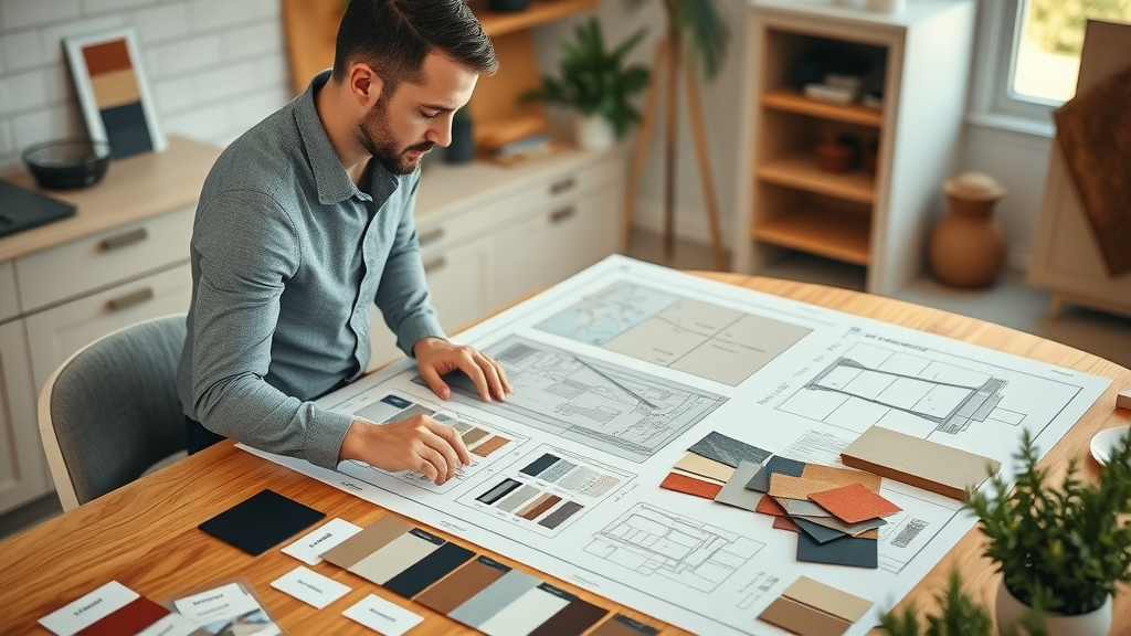 Elegant custom kitchen design board, designer with client planning Lafayette kitchen remodel, discussing materials and blueprints