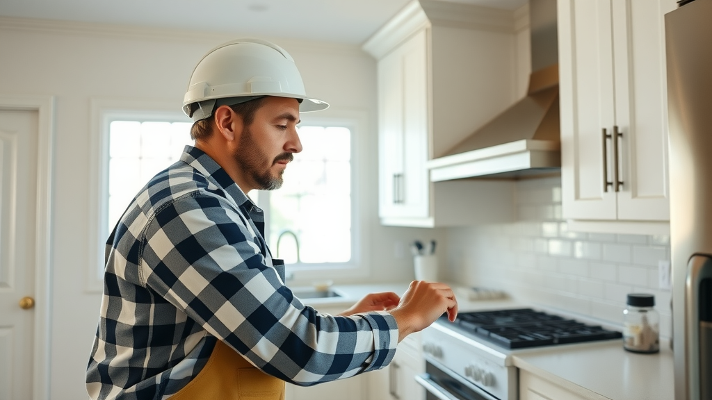 Skilled contractor installing custom cabinets in Lafayette kitchen remodel, sunlight highlighting new cabinetry and renovation details