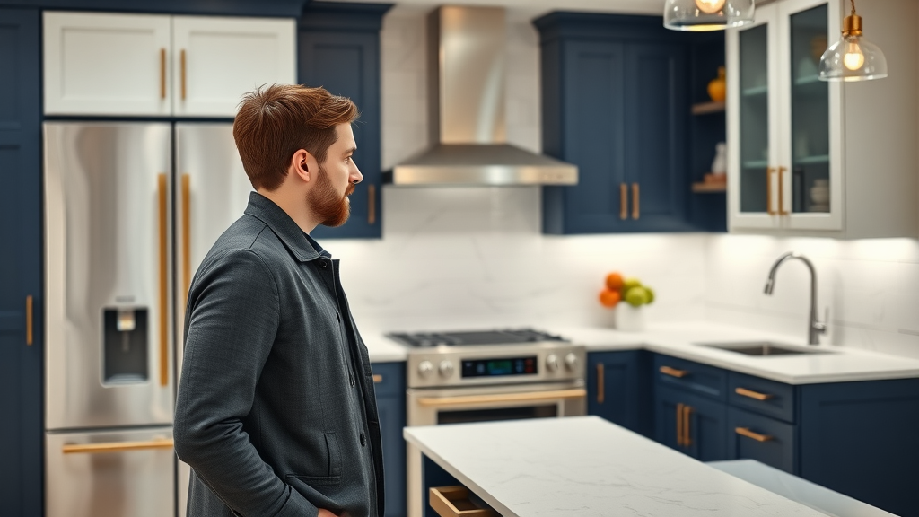 Homeowner in Lafayette kitchen admires new custom cabinet design, quartz counters, and glass backsplash during remodeling process
