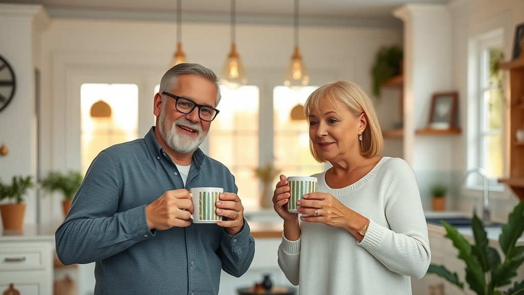 Happy Lafayette homeowners enjoying coffee in their newly remodeled kitchen, surrounded by airy, decorative details and greenery