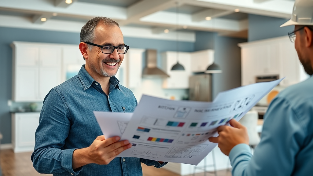 Optimistic Lafayette homeowner viewing kitchen plans with expert contractor in a bright office - planning a custom kitchen remodel