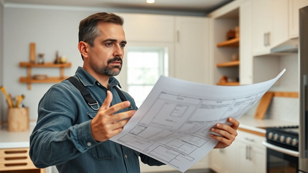 orderly Lafayette kitchen remodel workflow with professional contractor reviewing kitchen remodeling blueprints, updated cabinets and counters