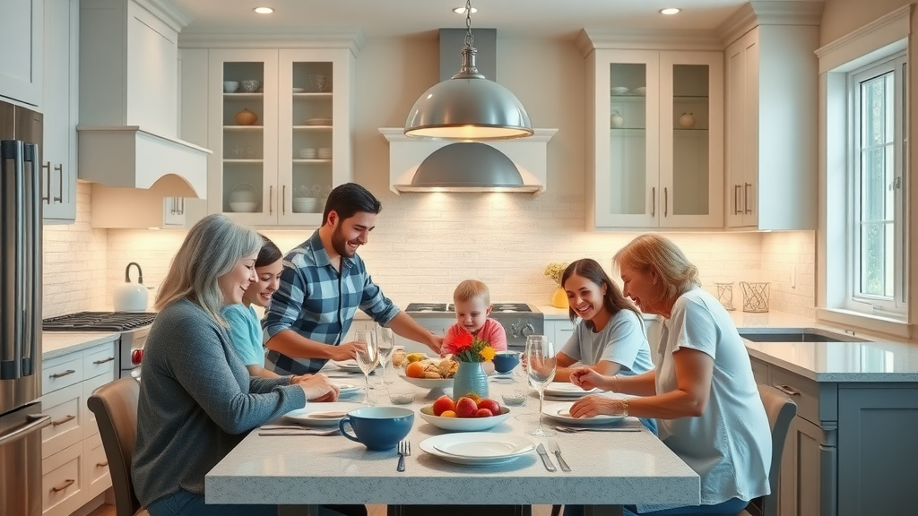 freshly remodeled Lafayette kitchen on a budget, affordable kitchen remodel Lafayette, happy family in budget-friendly contemporary kitchen