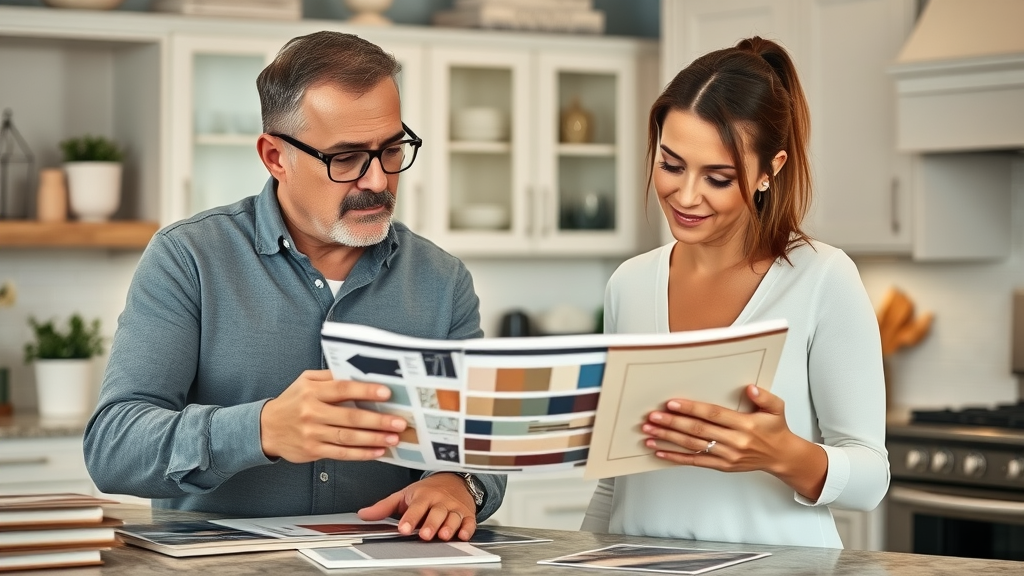 savvy Lafayette homeowner reviewing cost-saving kitchen remodeling options and samples, affordable kitchen remodel lafayette planning