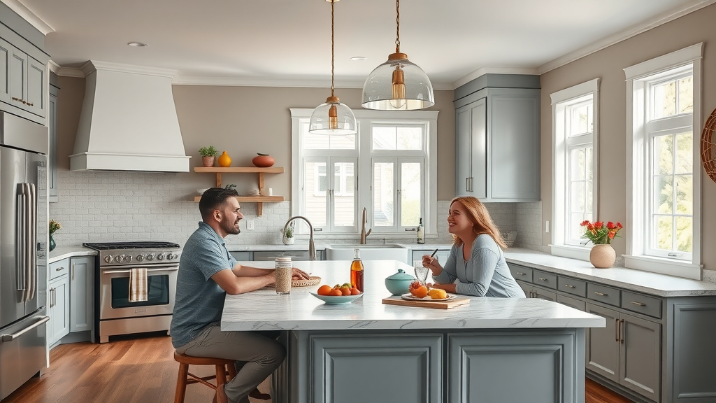 completed stylish Lafayette kitchen by affordable kitchen remodel lafayette services, homeowners enjoying meal in newly remodeled kitchen