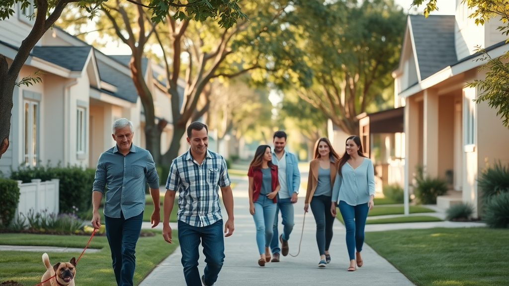 Modern Lafayette neighborhood with families discussing property changes, showcasing ADU law changes in Lafayette CA since 2023