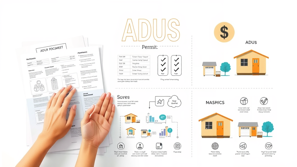 Informative infographic of Lafayette CA ADU regulations 2023 illustrating permits, grant icons, and backyard home diagrams