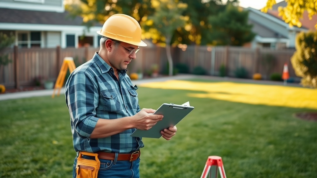 Surveyor assessing ADU zoning and property line in a Lafayette CA backyard for 2023 requirements