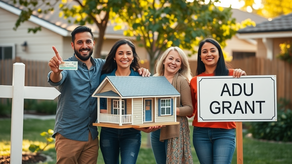 Hopeful Lafayette CA family receiving news about the $40,000 ADU grant, holding home model outside their house