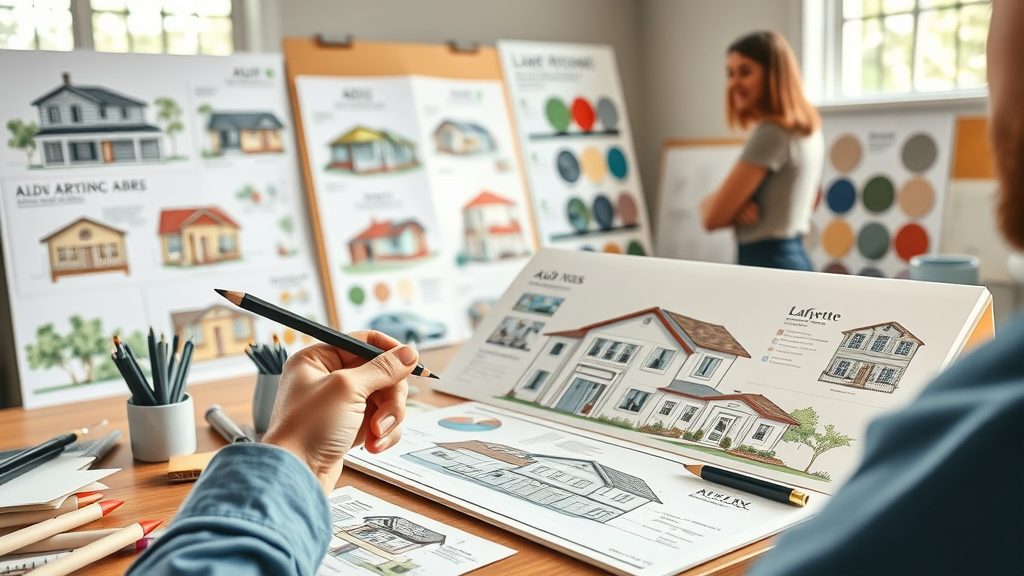 Architect reviewing diverse ADU design renderings: Spanish, Craftsman and Contemporary, compliant with Lafayette CA ADU rules