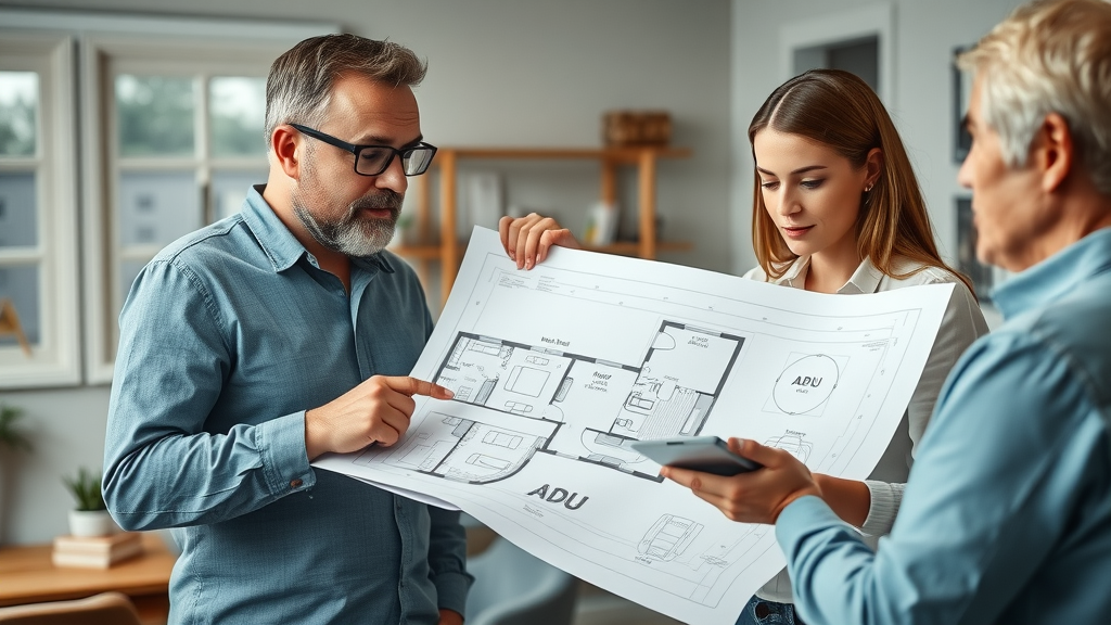 architect explaining 2023 ADU policy changes Lafayette differences to homeowners with ADU blueprints