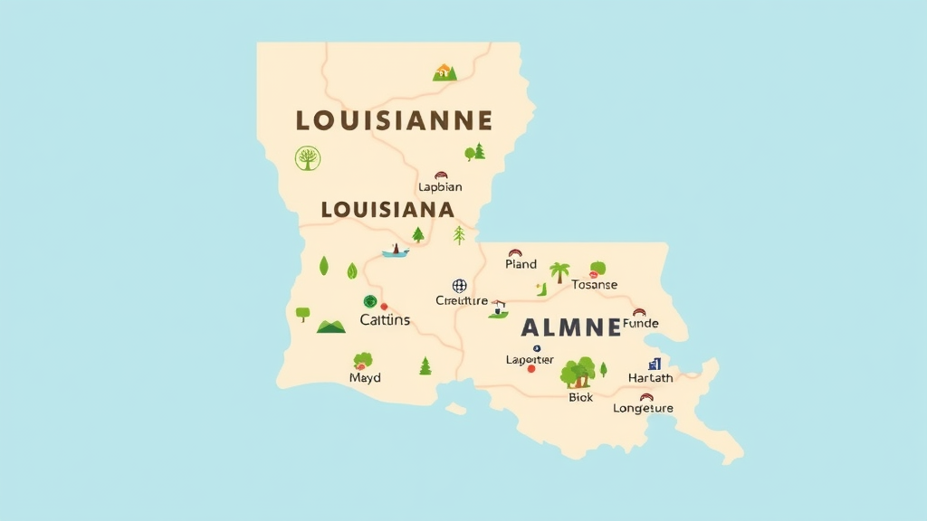Louisiana state map with Lafayette and ADU icons for state and local accessory dwelling law