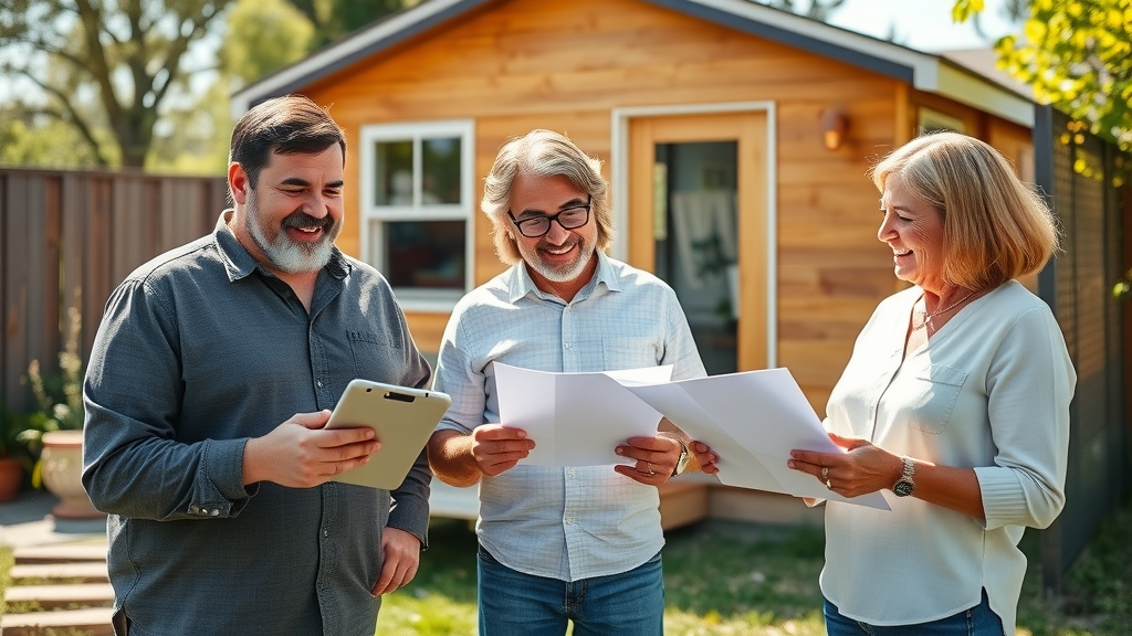 Diverse California homeowners discussing accessory dwelling unit law updates with contractor, partially built ADU in backyard