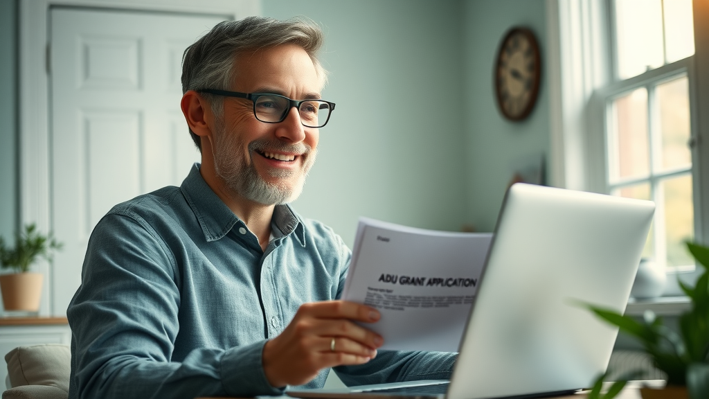 Optimistic California homeowner submitting $40,000 ADU grant application, highlighting new incentive program