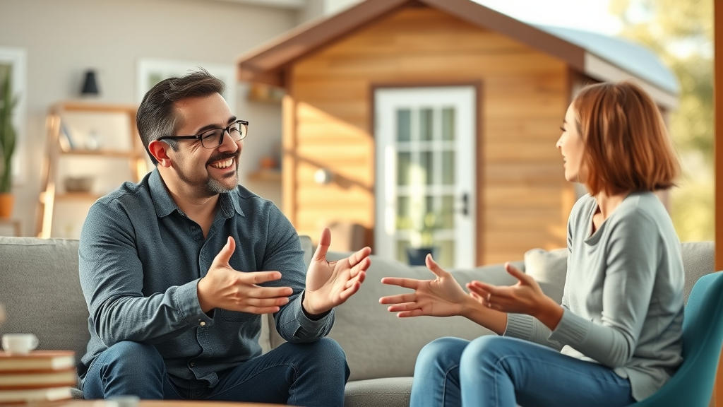 Los Angeles family consulting with ADU expert about 2023 law updates, ADU pictured in background