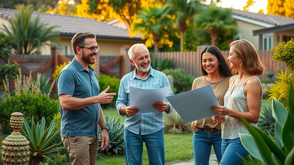 Vibrant California residential neighborhood with homeowners discussing California ADU permitting process in lush backyard