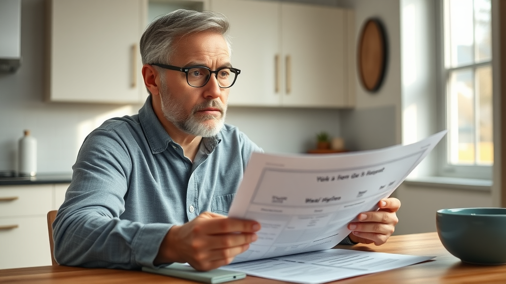 concerned Lafayette homeowner reviewing ADU zoning documents in modern kitchen, focusing on Lafayette ADU zoning laws