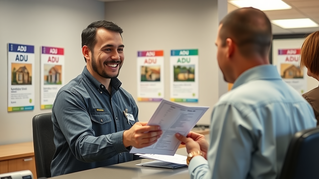 Lafayette permit clerk assisting with ADU permit application process in city office
