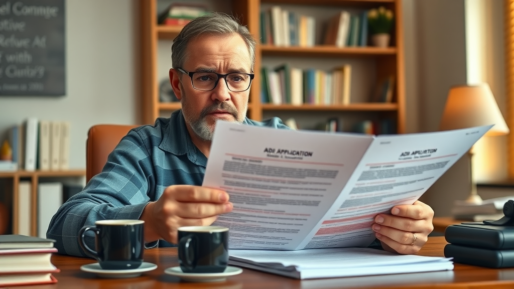 Lafayette homeowner reviewing rejected ADU application due to zoning mistakes, looking frustrated