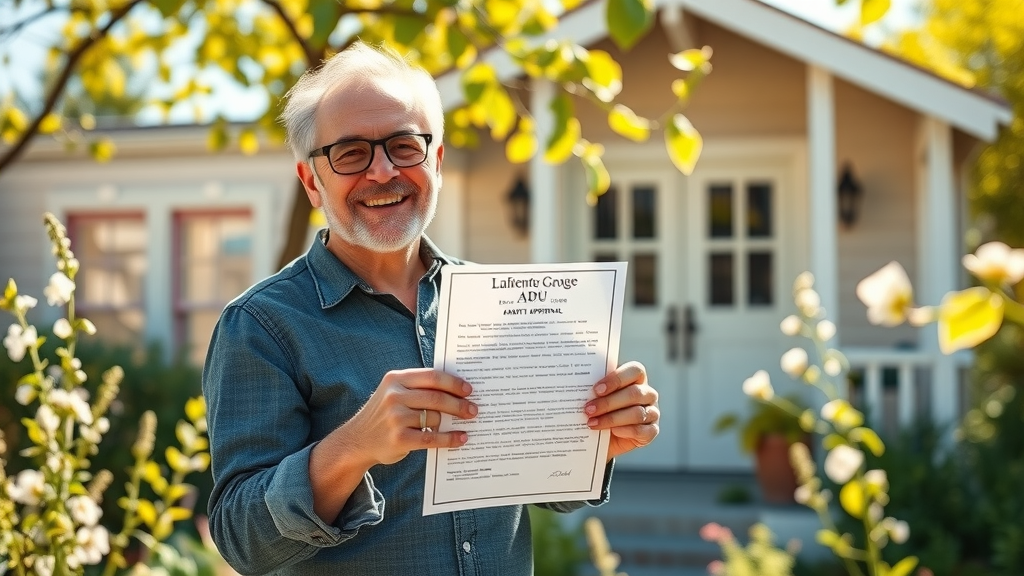 joyful Lafayette homeowner celebrating ADU grant approval, holding letter in sunlit garden