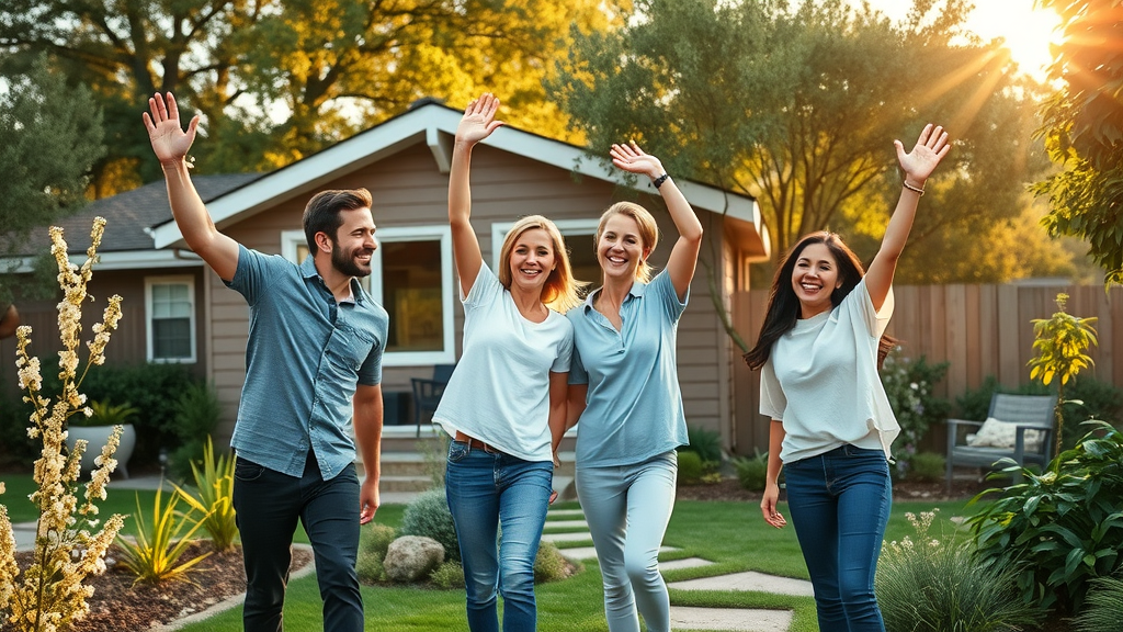happy Lafayette family celebrating successful completion of new ADU project in landscaped backyard